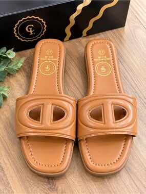 Elegant Tan Slide Mules with Signature Cutout